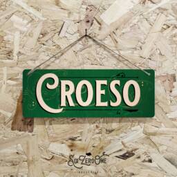 Croeso Metal Sign Horizontal - Vintage Worn Look Print Welsh Wales Cymru Bar Pub Cheers Welcome Celtic Silver/White - thumbnail 1