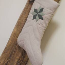 Quilted Linen Christmas Stocking With Sawtooth Star Patchwork, Modern Kids , Handmade Holiday Decor, Embroidered Name - thumbnail 2