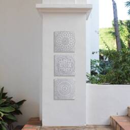Ceramic Tile Wall Hanging Set Mandala Mosaic, Outdoor Art, Grey & White - 30cm/11.8