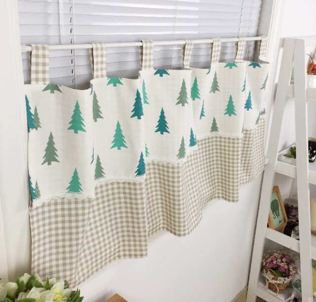 Cafe Curtain Valance/Window Treatment Topper/Kitchen/Dining/Bathroom/Kids Nursery Living Room, Drape Panel-Pine Tree Check, Get Free Gift - image 1