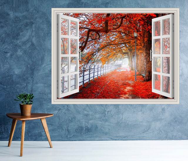 Autumn Trees Landscape View Window 3D Wall Decal Art Removable Wallpaper Nature Mural Sticker Vinyl Home Decor