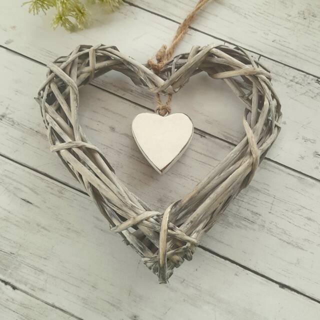 Medium Grey Willow Wicker Open Heart Hanging Decoration With Wooden - The Home & Hearts Shop Rustic Wall Shabby Wedding - image 1