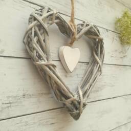 Medium Grey Willow Wicker Open Heart Hanging Decoration With Wooden - The Home & Hearts Shop Rustic Wall Shabby Wedding - thumbnail 3