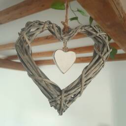 Medium Grey Willow Wicker Open Heart Hanging Decoration With Wooden - The Home & Hearts Shop Rustic Wall Shabby Wedding - thumbnail 2