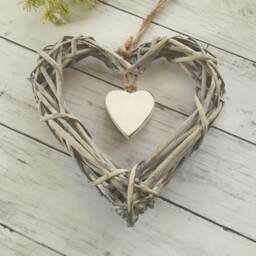 Medium Grey Willow Wicker Open Heart Hanging Decoration With Wooden - The Home & Hearts Shop Rustic Wall Shabby Wedding - thumbnail 1