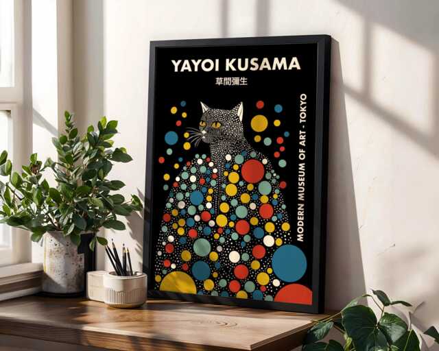 Yayoi Kusama Colourful Cat Poster - Modern Pop Art Dot Print - image 1