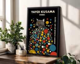 Yayoi Kusama Colourful Cat Poster - Modern Pop Art Dot Print - thumbnail 1