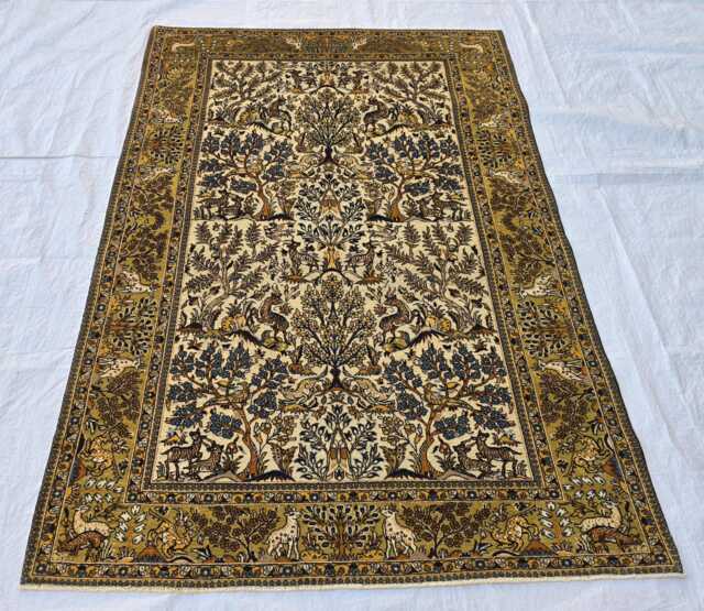 Handmade Wool Tree Of Life Rug - Ivory & Gold, Persian Style - 5x7 Ft - image 1