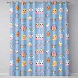 Easter Chick Bunny Carrot Rainbow Fence Kawai Blue Background Seamless Pattern Readymade Eyelet Ring Top Thermal 100% Blackout Curtains - thumbnail 2