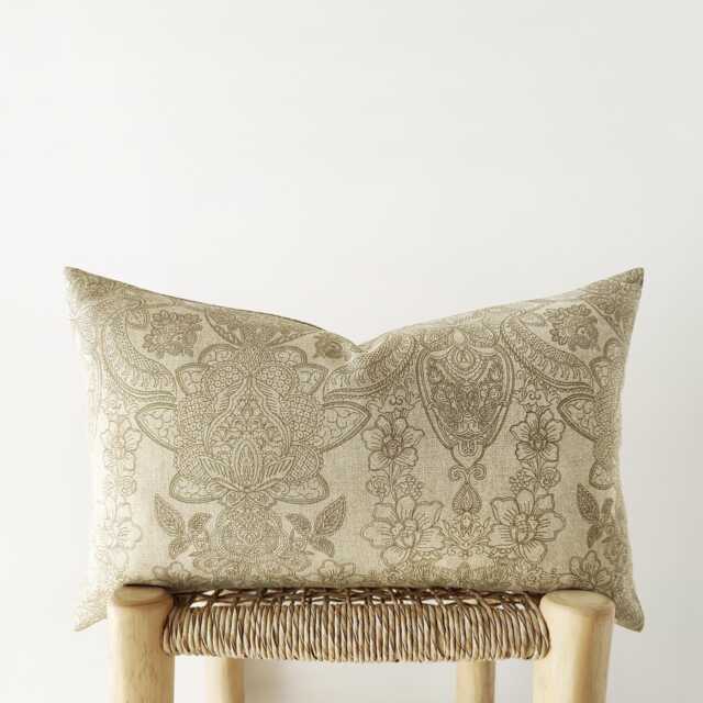 Sand Beige Floral Lumbar Pillow Cover - Neutral Printed Cushion - image 1