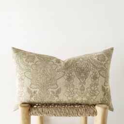 Sand Beige Floral Lumbar Pillow Cover - Neutral Printed Cushion - thumbnail 1