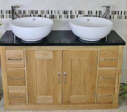 Solid Oak Bathroom Vanity Unit Cabinet Twin Ceramic Bowl Basin Tap Set 02Bbqcbcx2 - thumbnail 1