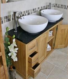 Solid Oak Bathroom Vanity Unit Cabinet Twin Ceramic Bowl Basin Tap Set 02Bbqcbcx2 - thumbnail 3