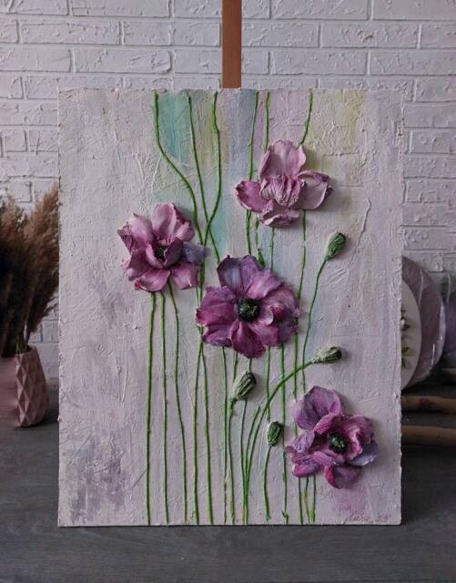 Panel Impasto, Sculpture Painting Poppies, Three-Dimensional Flowers With Plaster, 3D Flower Painting, Art, Wall Decor - image 1