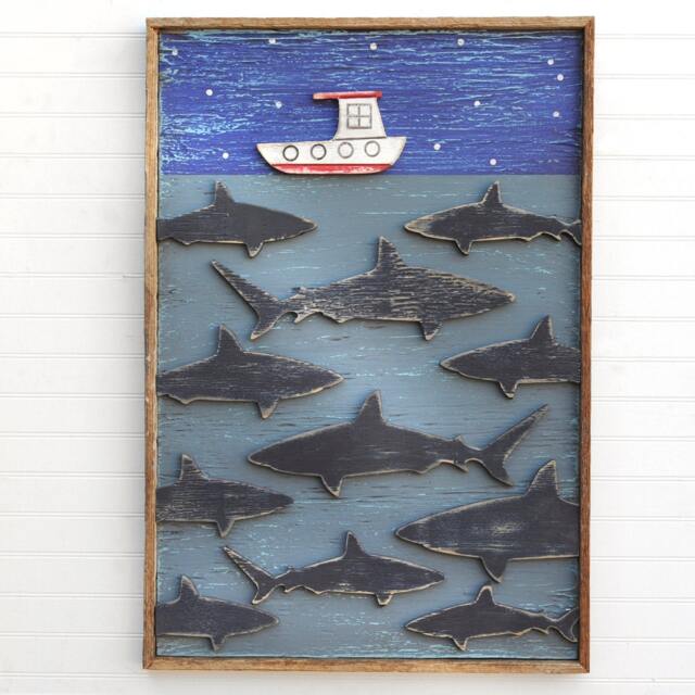 "Shark Art Folk Nautical Decor Boat Nursery Wall Kids Room Fish ""Your Gonna Need A Bigger Boat" - image 1