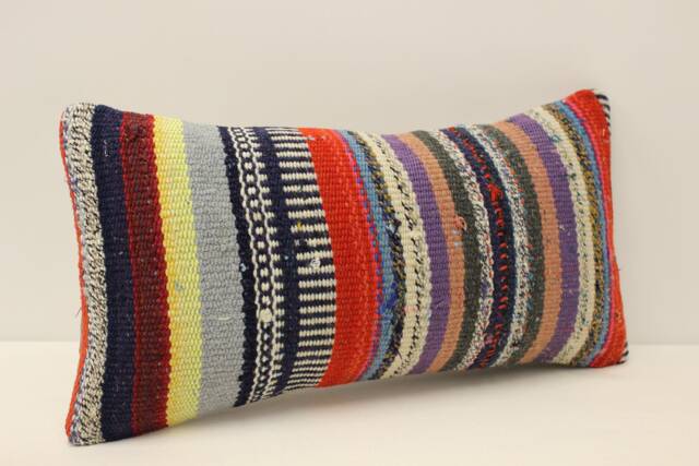 Vintage Turkish Kilim Lumbar Pillow Cover, Wool Throw - 10x20 In - image 1