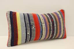 Vintage Turkish Kilim Lumbar Pillow Cover, Wool Throw - 10x20 In - thumbnail 1