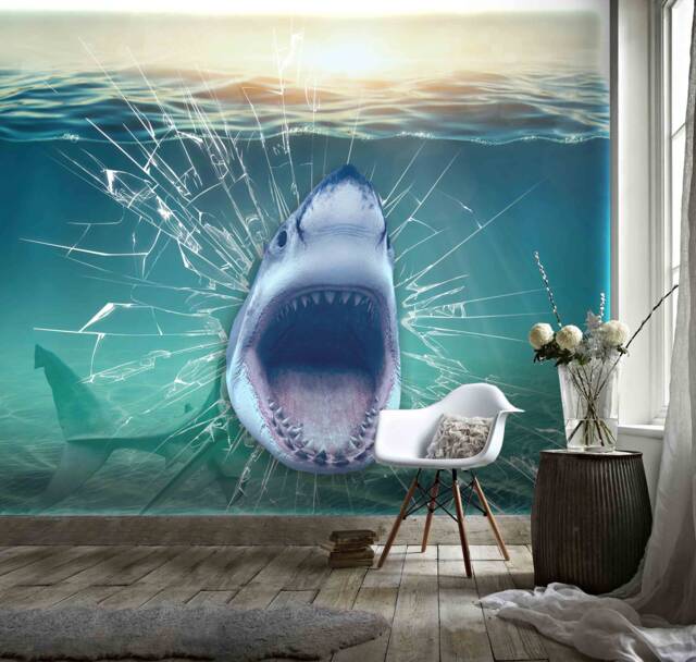 3D Shark Wall Mural, Undersea Animal Decor, Peel & Stick Wallpaper - image 1