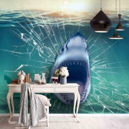 3D Shark Wall Mural, Undersea Animal Decor, Peel & Stick Wallpaper - thumbnail 3