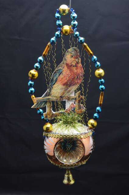 Vintage Christmas Ornament With Dresden Trims, Victorian Die Cuts & Mercury Glass Beads - image 1