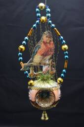 Vintage Christmas Ornament With Dresden Trims, Victorian Die Cuts & Mercury Glass Beads - thumbnail 1