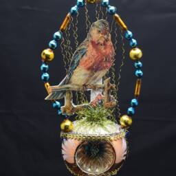 Vintage Christmas Ornament With Dresden Trims, Victorian Die Cuts & Mercury Glass Beads - thumbnail 2