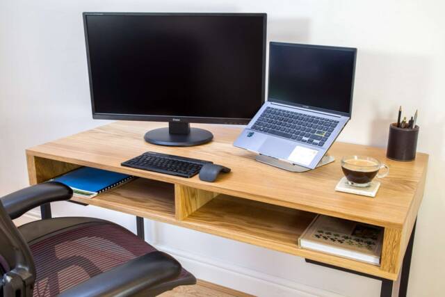 "Desk For Home Or Office, Solid Oak, Walnut, Dark Ash Iroko On Minimalist Square Metal Legs ""Darwen Desk" - image 1