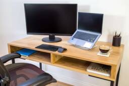"Desk For Home Or Office, Solid Oak, Walnut, Dark Ash Iroko On Minimalist Square Metal Legs ""Darwen Desk" - thumbnail 1