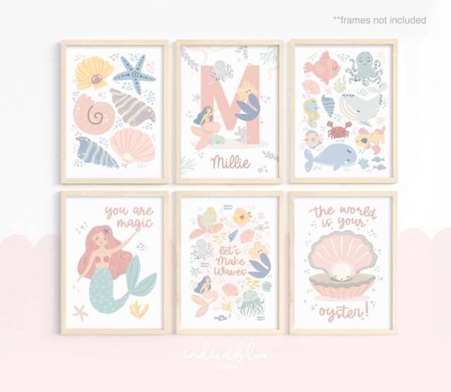 Set Of 6 Personalised Mermaids Print in Pastel, Under The Ocean Prints, Nursery Print, Sea Decor - image 1