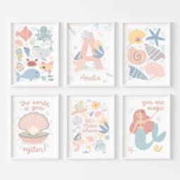 Set Of 6 Personalised Mermaids Print in Pastel, Under The Ocean Prints, Nursery Print, Sea Decor - thumbnail 2