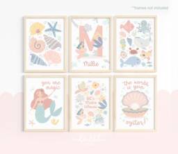 Set Of 6 Personalised Mermaids Print in Pastel, Under The Ocean Prints, Nursery Print, Sea Decor - thumbnail 1