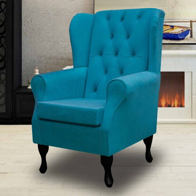 Blue Buttoned Handmade Wingback Armchair - Fireside Accent Upholstered Chair Plush Fabric British Custom Made - image 1