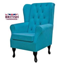 Blue Buttoned Handmade Wingback Armchair - Fireside Accent Upholstered Chair Plush Fabric British Custom Made - thumbnail 3