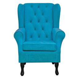 Blue Buttoned Handmade Wingback Armchair - Fireside Accent Upholstered Chair Plush Fabric British Custom Made - thumbnail 2