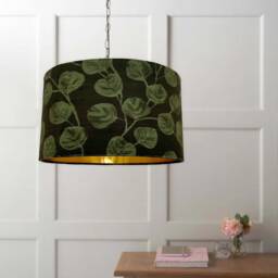 New Luxury Premium Quality Velvet Green Leaf Plant Print On Dark Fabric Lamp Shade Pendant Light - thumbnail 3