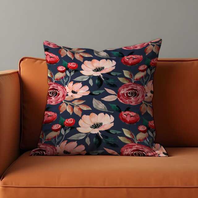 Romantic Floral Cushion Cover, Blush & Red Watercolor Flowers Pillow Case, Navy Classic Farmhouse Decorative Throw Cover - image 1