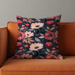 Romantic Floral Cushion Cover, Blush & Red Watercolor Flowers Pillow Case, Navy Classic Farmhouse Decorative Throw Cover - thumbnail 1