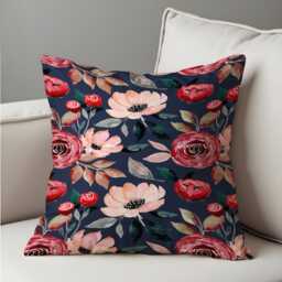 Romantic Floral Cushion Cover, Blush & Red Watercolor Flowers Pillow Case, Navy Classic Farmhouse Decorative Throw Cover - thumbnail 4