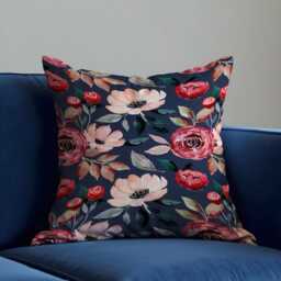 Romantic Floral Cushion Cover, Blush & Red Watercolor Flowers Pillow Case, Navy Classic Farmhouse Decorative Throw Cover - thumbnail 3