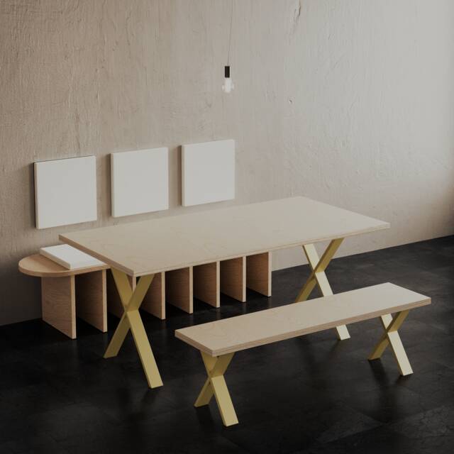 Birch Plywood Dining Set Sustainable Wood Table & Bench, Steel X Frame - image 1