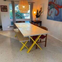 Birch Plywood Dining Set Sustainable Wood Table & Bench, Steel X Frame - thumbnail 3