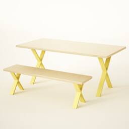 Birch Plywood Dining Set Sustainable Wood Table & Bench, Steel X Frame - thumbnail 2
