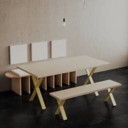 Birch Plywood Dining Set Sustainable Wood Table & Bench, Steel X Frame