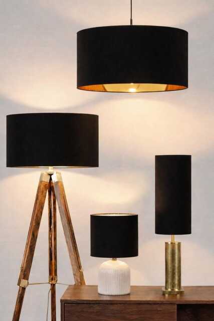 New High Quality Luxury Black Velvet Drum Lamp Shade & Pendant Ceiling Light With Metallic Lining Panels Many Sizes Availabl - image 1