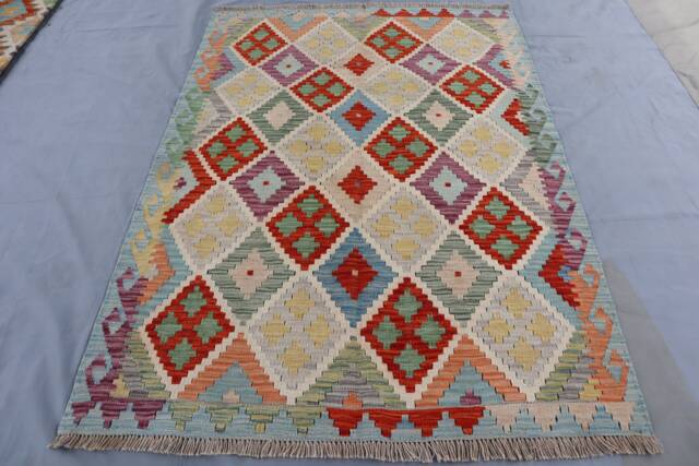 4'1x5'6 Afghan Kilim Area Rug - Multicolor Authentic Handmade Kilim/ Turkmen Oriental Veg Dyes & Wool Rugs For Living Room Bedroom Rug - image 1