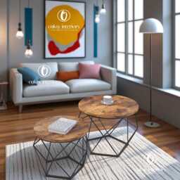 Rustic Coffee Table Set Of 2 - Round Tables Industrial Side Wooden Accent Tables, Small Sofa Table, Living Room Furniture