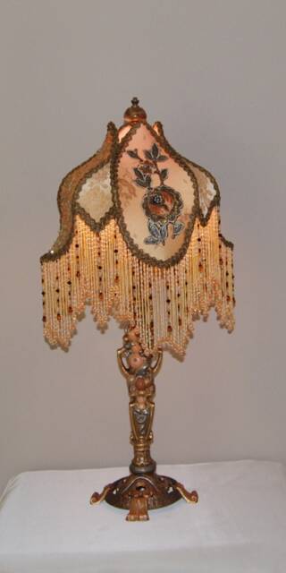 Antique Victorian Cast Iron Lamp With Hand Sewn & Beaded Shade - image 1