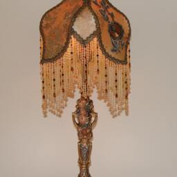 Antique Victorian Cast Iron Lamp With Hand Sewn & Beaded Shade - thumbnail 4