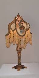 Antique Victorian Cast Iron Lamp With Hand Sewn & Beaded Shade