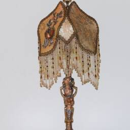 Antique Victorian Cast Iron Lamp With Hand Sewn & Beaded Shade - thumbnail 3